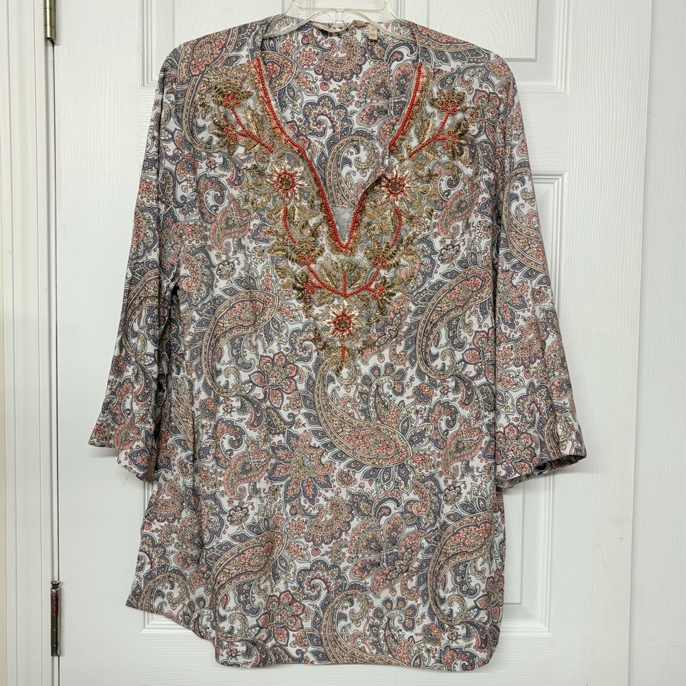 Soft Surroundings Paisley Print Top Beaded Neckline Sz 1X